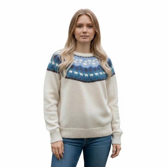 Vintage Woolrich White 100% Wool Sweater Farm Sheep Scene Fair Isle Yoke Medium - Picture 1 of 8